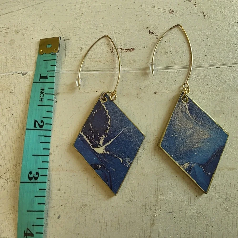 Handmade Abstract Wood Statement Earrings OOAK Ocean Blue Gold Metallic Dangles